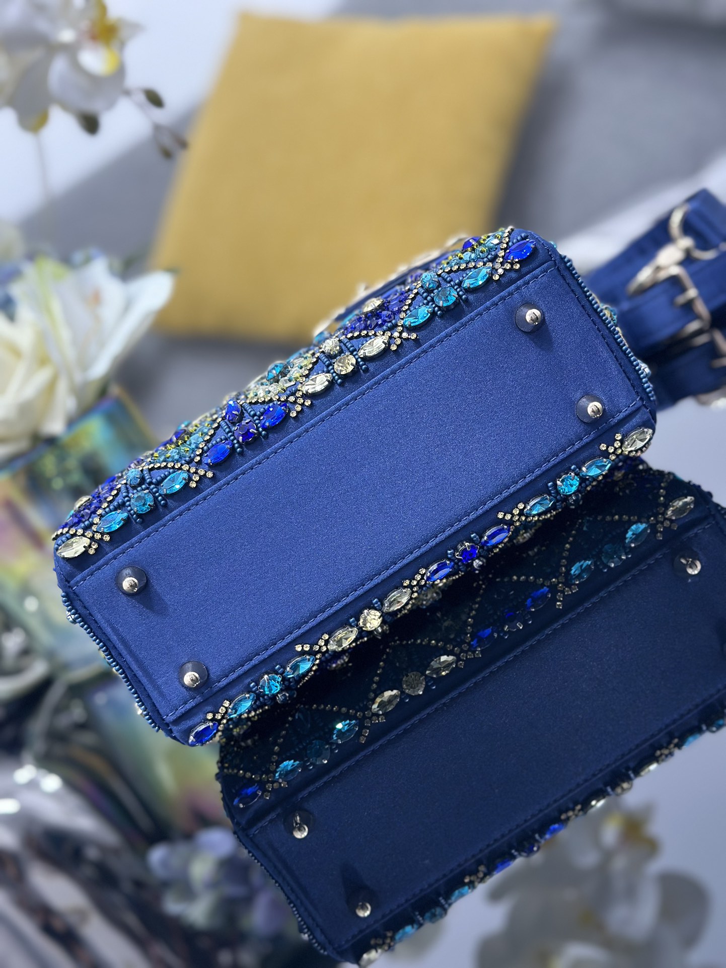 Small Lady Dior Bag Blue Satin Embroidered with Diamond